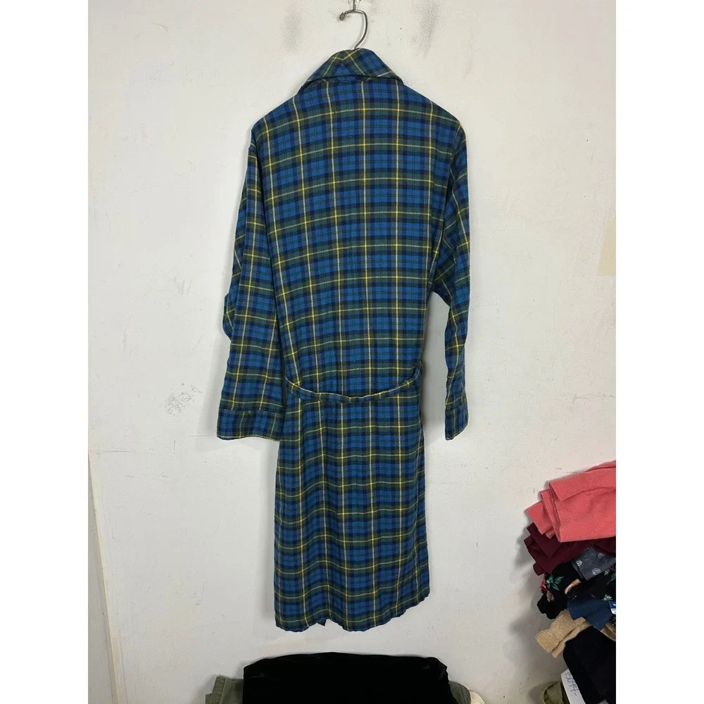 Lands End Mens Flannel Robe Blue Green Plaid Cotton Shawl Collar Belted Size M